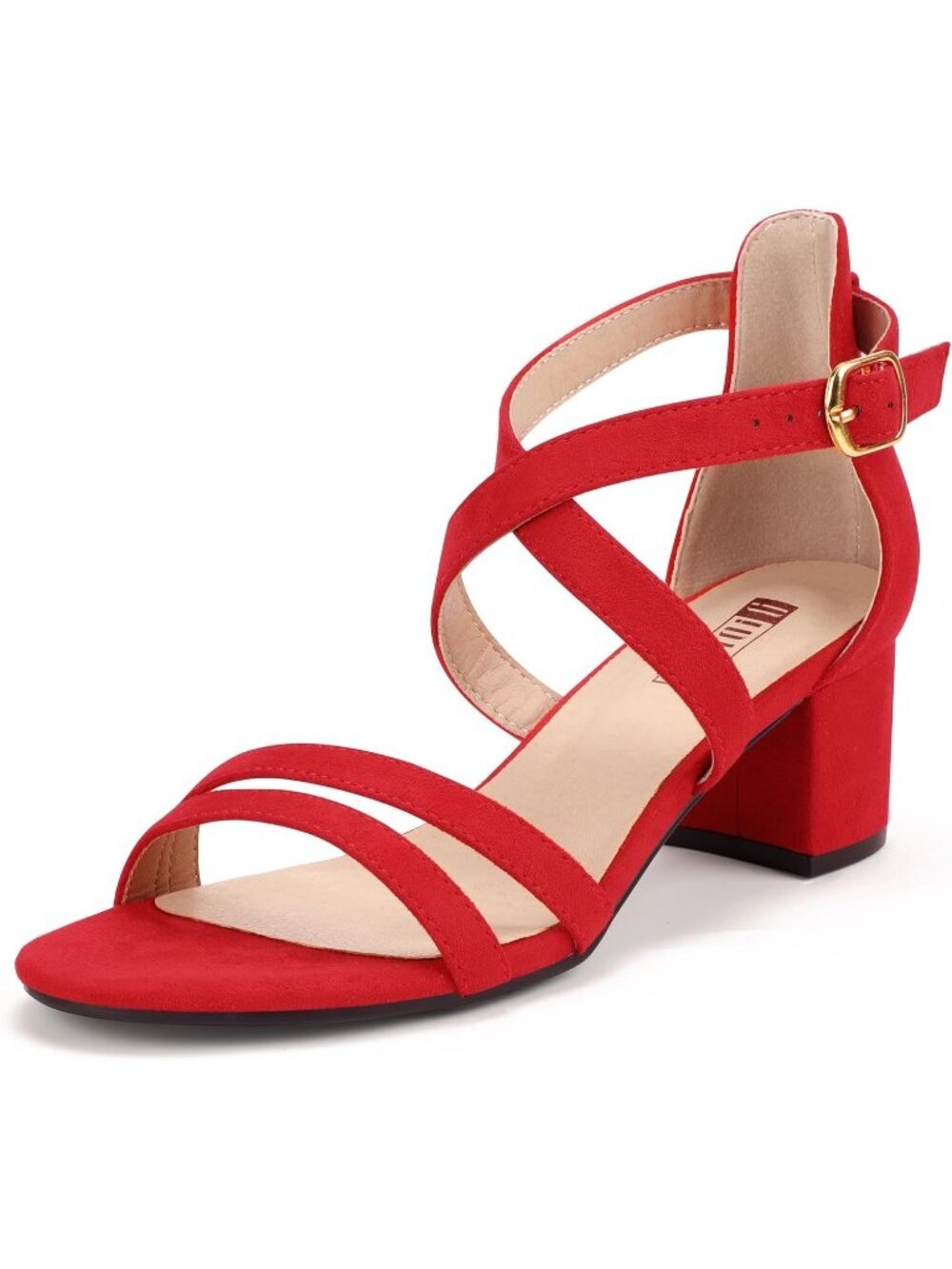 Women's Red Suede Block Low Chunky Heel Open Toe Ankle Strap Dress Sandals